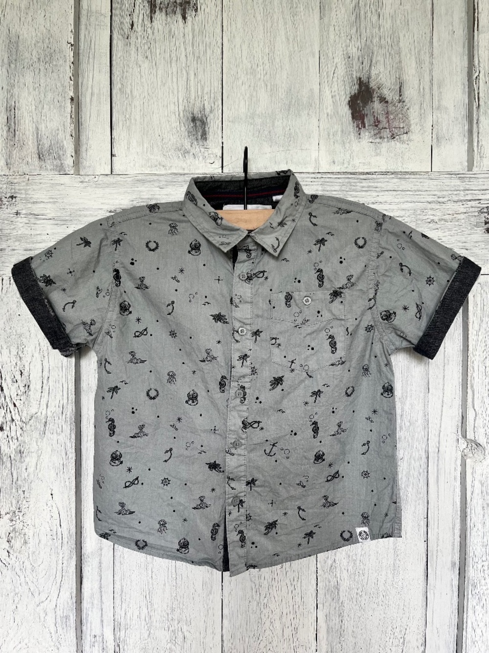 Paper Denim & Cloth-Boys Grey-Retro Vibe Nautical Theme Button Down Shirt-Size 7